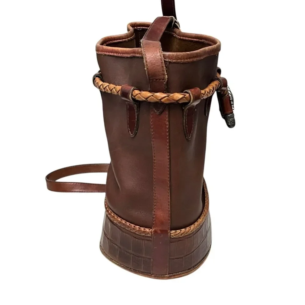 Brighton Vintage Brown Leather Bucket Bag Drawstring Crossbody Croc Trim Concho - Picture 7 of 11